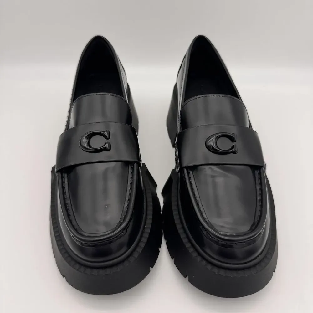 Coach Leah Loafers Womens Size 6 Leather C Logo Lug Sole Shoes CZ382 Black 6B